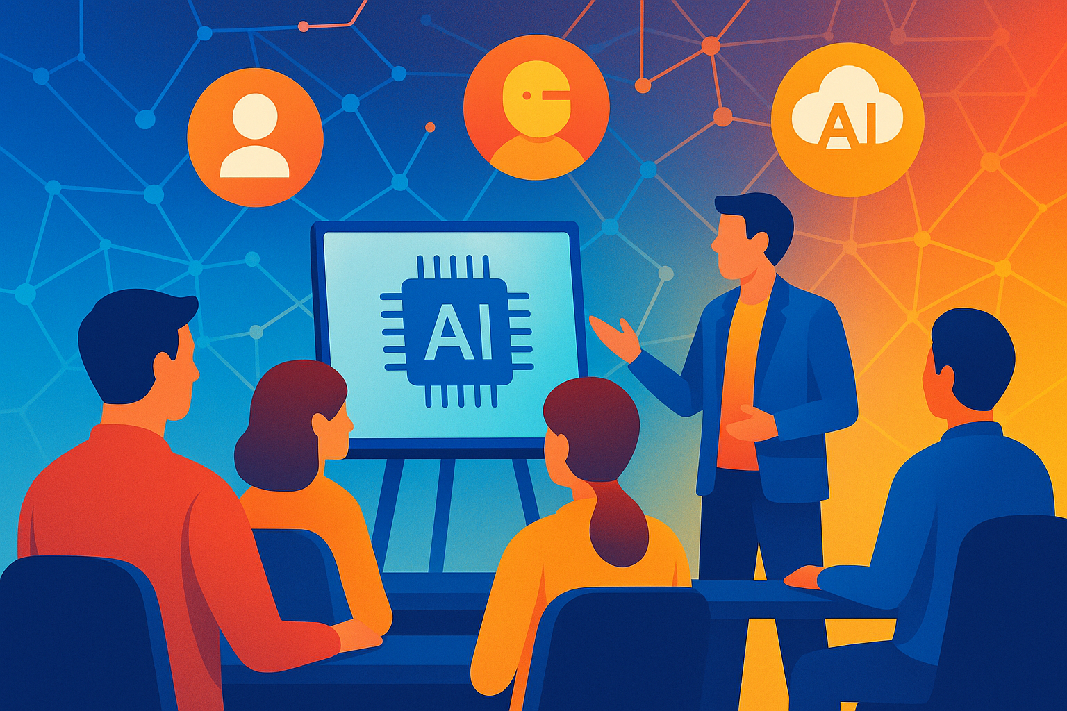 Abstrakt illustration af AI workshop med deltagere og AI ikoner