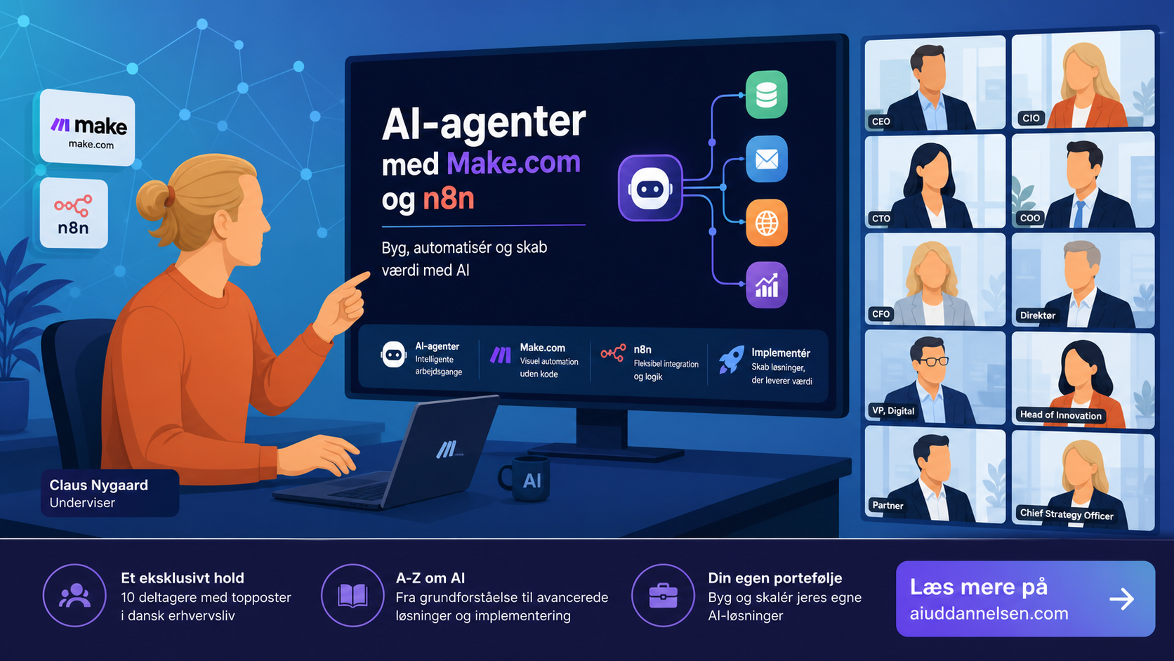Claus Nygaard - ChatGPT kursus - Copilot kursus - AI ekspert - AI foredrag - automatisering med make.com - automatisering med zapier - CBS - Copenhagen Business School